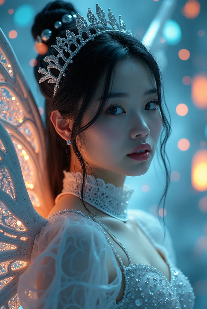 Sci-fi, fantasy, future, fashion photography, Korean beauty with fantasy wings, sexy, big breasts, looking at the audience. Low saturation, chaotic interweaving of silver and blue elements, orange streamlined lights, dynamic outlines, virtual equipment, lighting effects and particles, abstract geometry, RAW photos, ultra-detailed, delicate faces, movies