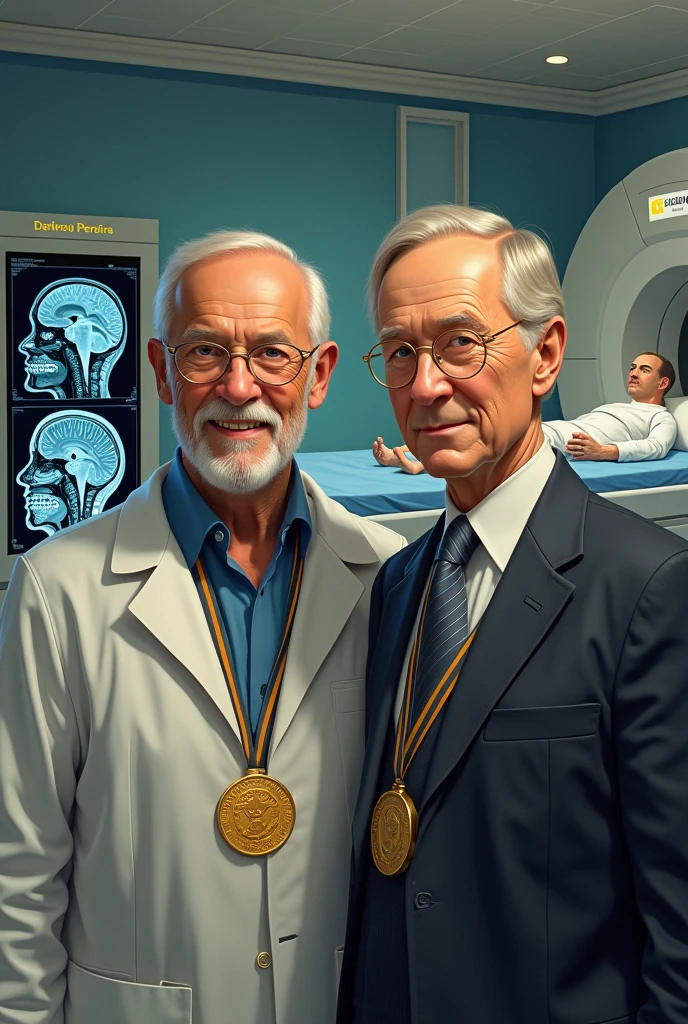 I am a student of radiology and diagnostic imaging in the subject of magnetic resonance imaging., I am tasked with depicting the history of resonance, Having said this, make me an image in which Mr. Peter Mansfield and Paul C. are represented in the ancient era of the year 2003.. Lauterbur were awarded the Nobel Prize in Physiology or Medicine, The above shows the two gentlemen with the Nobel Prize and in the background a magnetic resonance imaging device with the characteristics (CLASSIC, big, rustic, with explorer table, broad, well lit, signposted, clean, branded "Areandina Pereira") In addition to observing the computer screen showing a resonance image of the brain in three planes (Axial, Coronal and Sagittal) and that inside the MRI there is an injured man lying on the examination table where they are doing the MRI study..