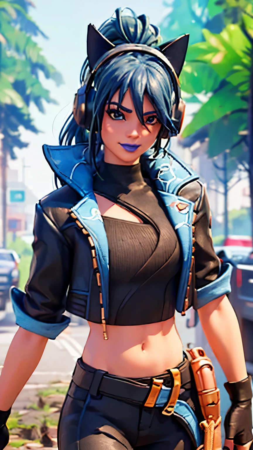 Forest background, 1girl, solo, Heroic Hope from fortnite, (crop top, black top, open clothes), (jacket crop top, black jacket, blue loose, jacket loose), fingerless gloves, black pants, blue belt, blue hair, ponytail, blue eyes, headphones, cat ears headphones, holster, blue lips, lipsticks, smirk
