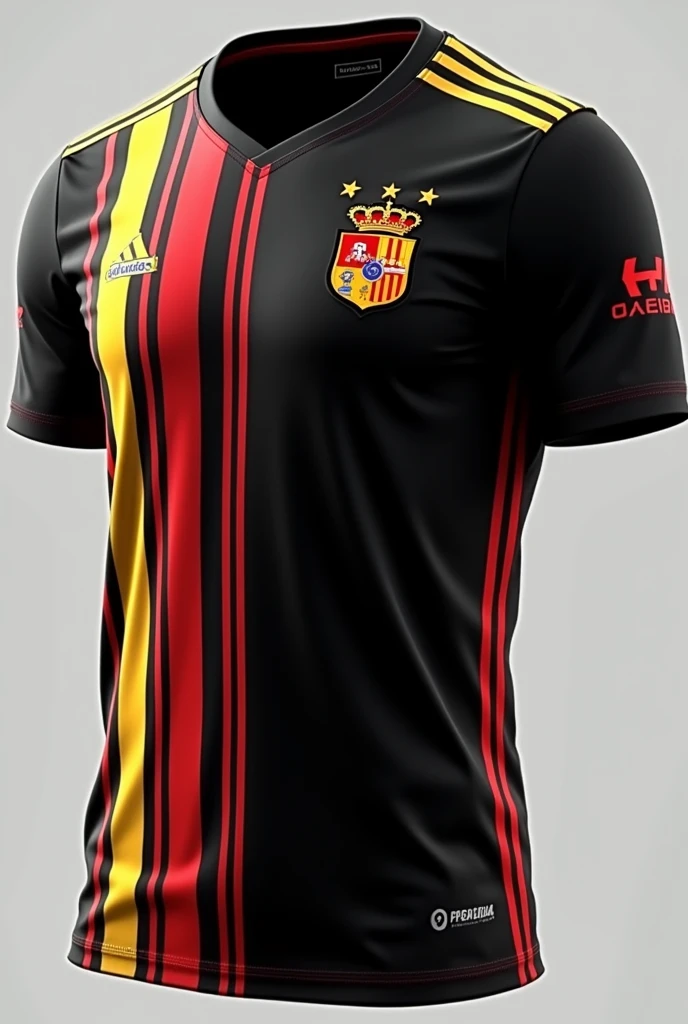 a black t-shirt to wear in the interclass that has some yellow and red striped details all over the shirt and with the symbol of the Spanish team on the right side of the chest