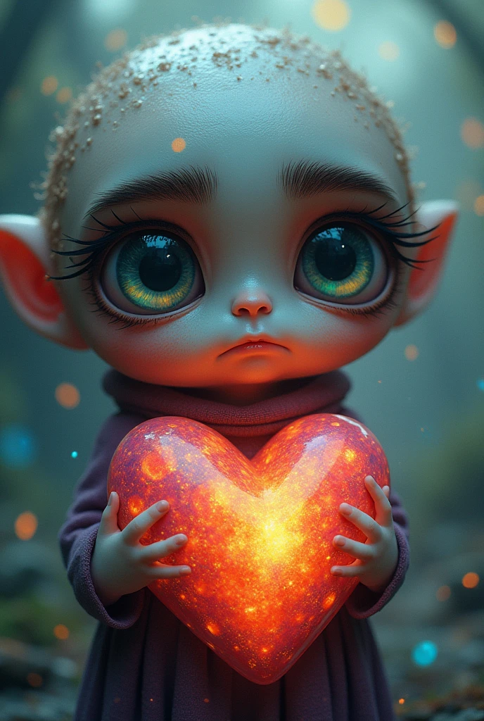 Heart of a thousand colors, He has very large eyes and eyebrows.