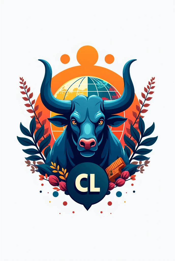 Create a logo for a logistics company, It is called Chapingo Logistics, put elements like a bull, Mexican art, A planet earth, elements of international trade. Also include the lyrics "cl". with blue