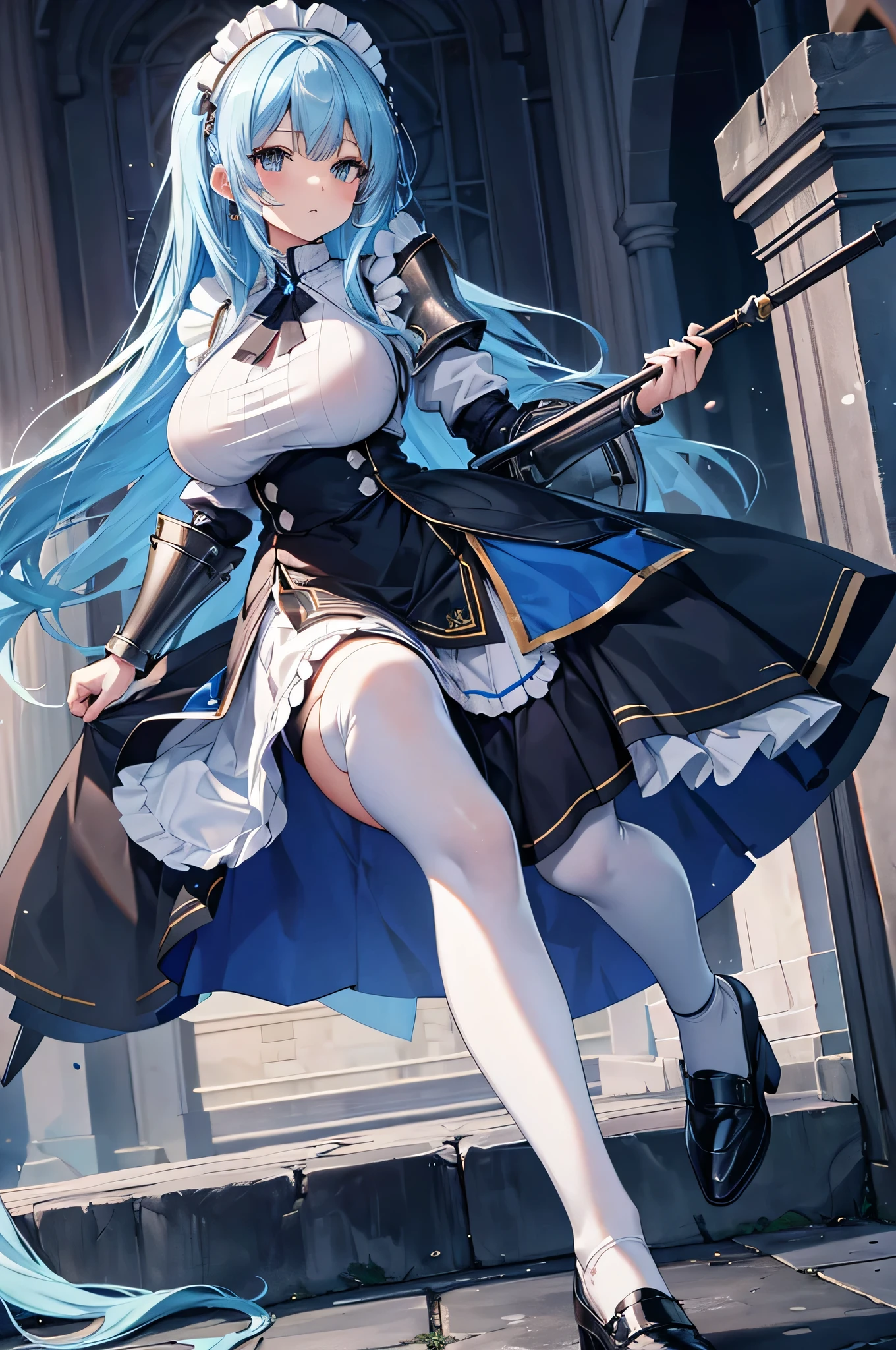 4K,High resolution,One Woman,Blue Hair,long hair,Huge boobs,maid,maid服,White plate armor,Heavy Armor,Full Armor,Black tights,White shoes,maidのカチューシャー,Jewelry decoration,Medieval castle town