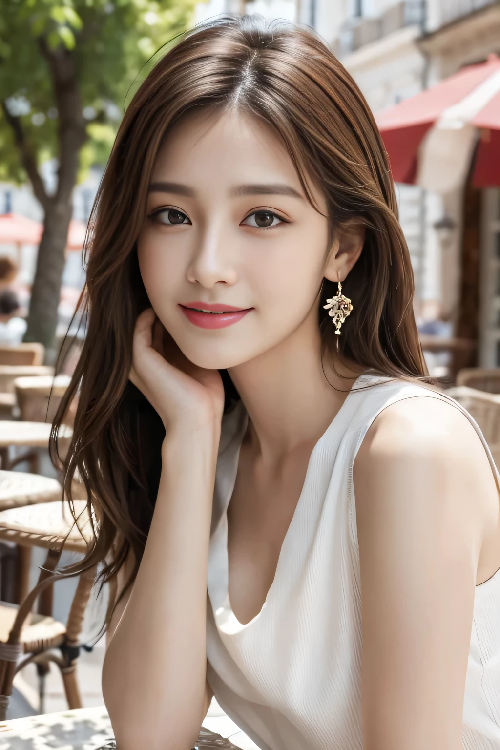 masterpiece, Highest quality, Realistic, Very detailed, Finer details, High resolution, 8k wallpaper, One beautiful woman,Wear a nice blouse, On the terrace of a lovely cafe, at noon, Light brown messy hair, Perfect dynamic composition, Beautiful and beautiful eyes、Big earrings、Sleeveless shirt、smile、