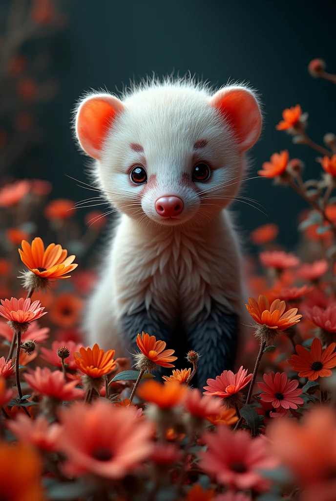 A captivating and surreal photographgraph of a cute extra fluffy baby Anteater rendering of a colorful カスミソウ, Against an ominous background, Dark Background. feather, Bright colors, Highlighting rich cultural elements. The background provides sharp contrast、Engage your audience'Note., photograph, 3D Rendering, Conceptual Art