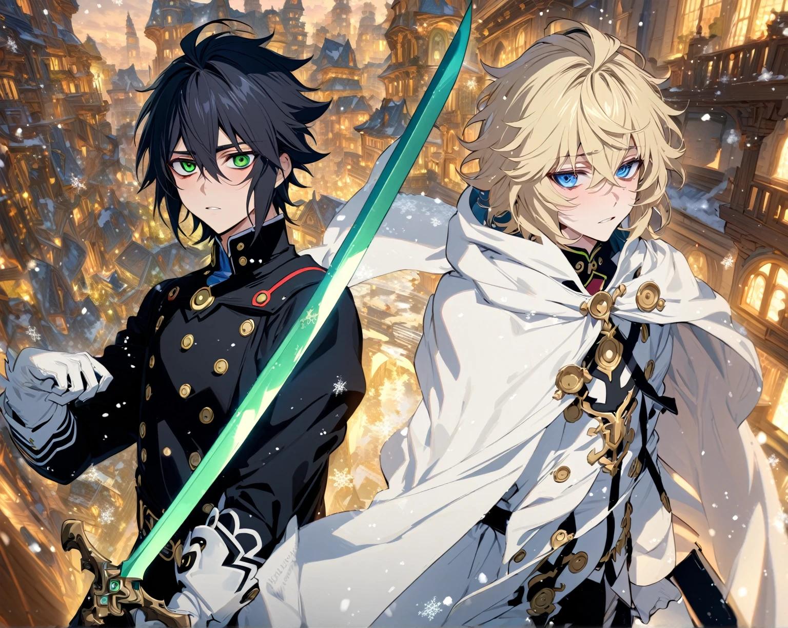 absurdres, highres, ultra detailed, HDR, master piece, best quality, extremely detailed, detailed face, detailed eyes, Hyakuya Mikaela, blonde hair, expressive blue eyes, Owari No Seraph, Hyakuya Yuuichirou, black hair, expressive green eyes, two sexy men together, gay couple, yaoi, handsome, manly man, white clothes, black clothes, black cape, white cape, fantasy, magical, city, buildings, snow, snowflakes, snowing, white gloves, holding a sword