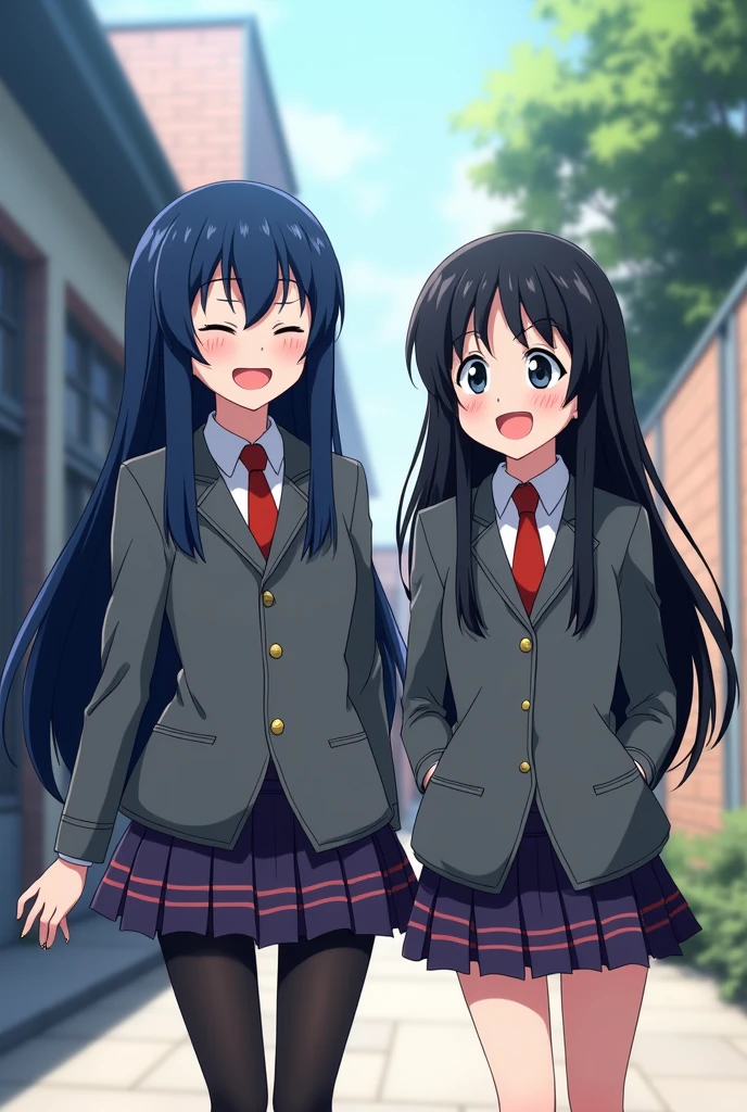 Screenshot anime boludo no hero academia, Whole body, 15 year old girl, very long and straight dark blue hair, dark blue slanted eyes, White skin, wears the uniform, Gray jacket y Red tie, He has a happy expression and is smiling, is next to Momo Yaoyorozu, una girl, black hair, black eyes, high collection, wears the uniform, Gray jacket, Red tie, The two of them are walking down the academy hallway laughing.