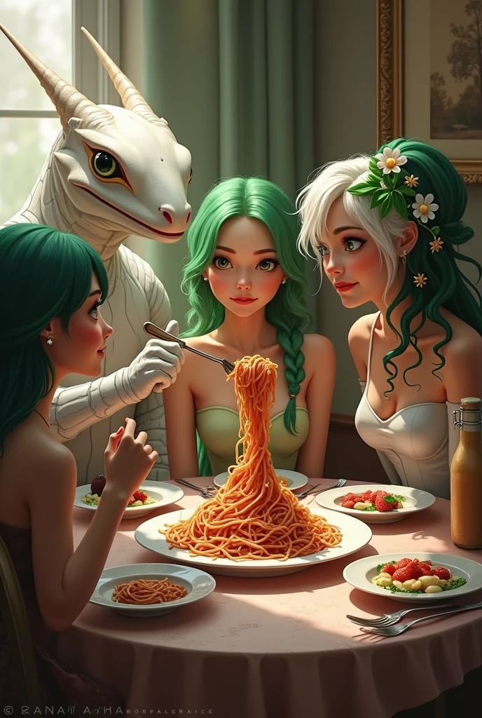 Humanoid lizard with white armor with a young woman with green hair and also with a woman with white hair and a man with green hair with a flower in his hair all sitting in a restaurant eating spaghetti