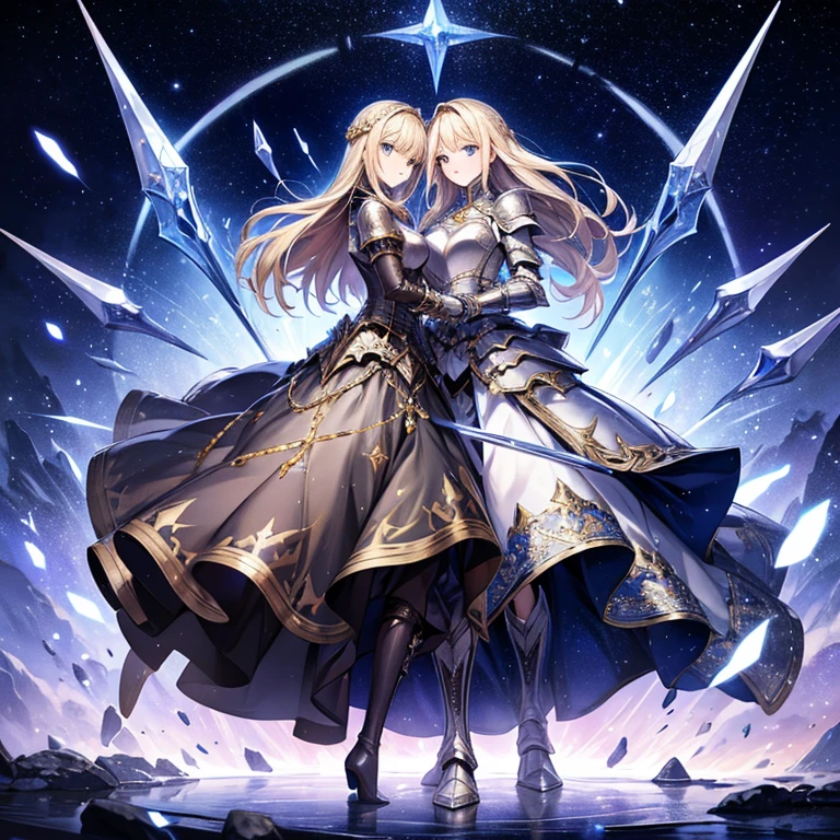 high quality,Adult women, armored dress,Shiny and beautifully decorated armor,Crystal Long Sword,Holding the handle in hand,Long skirt,Metal Long Boots,Shining blonde,Anatomically correct, Starry sky background
