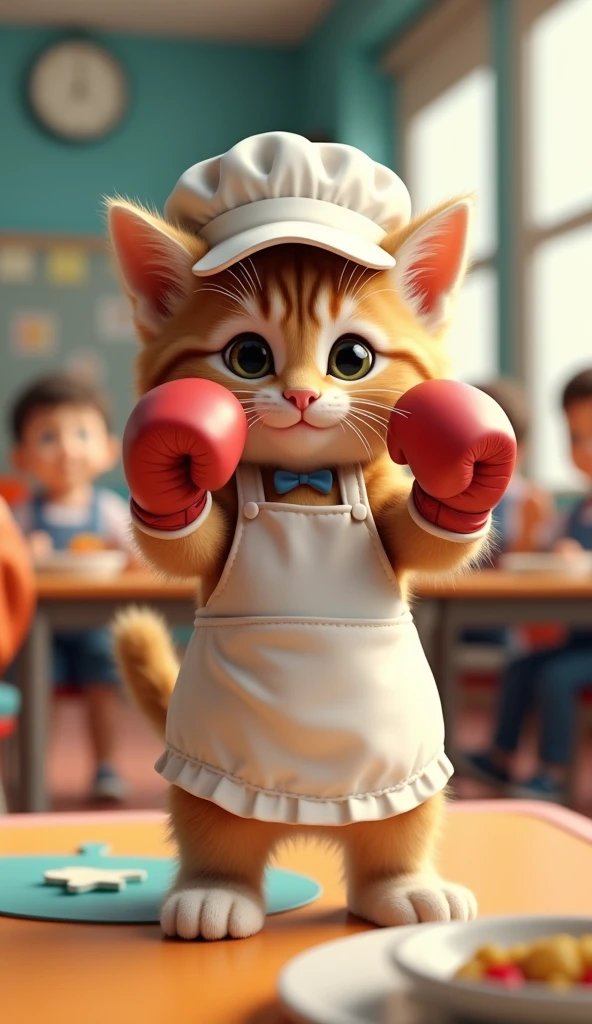 School lunch attendant kitten upright boxing 3d