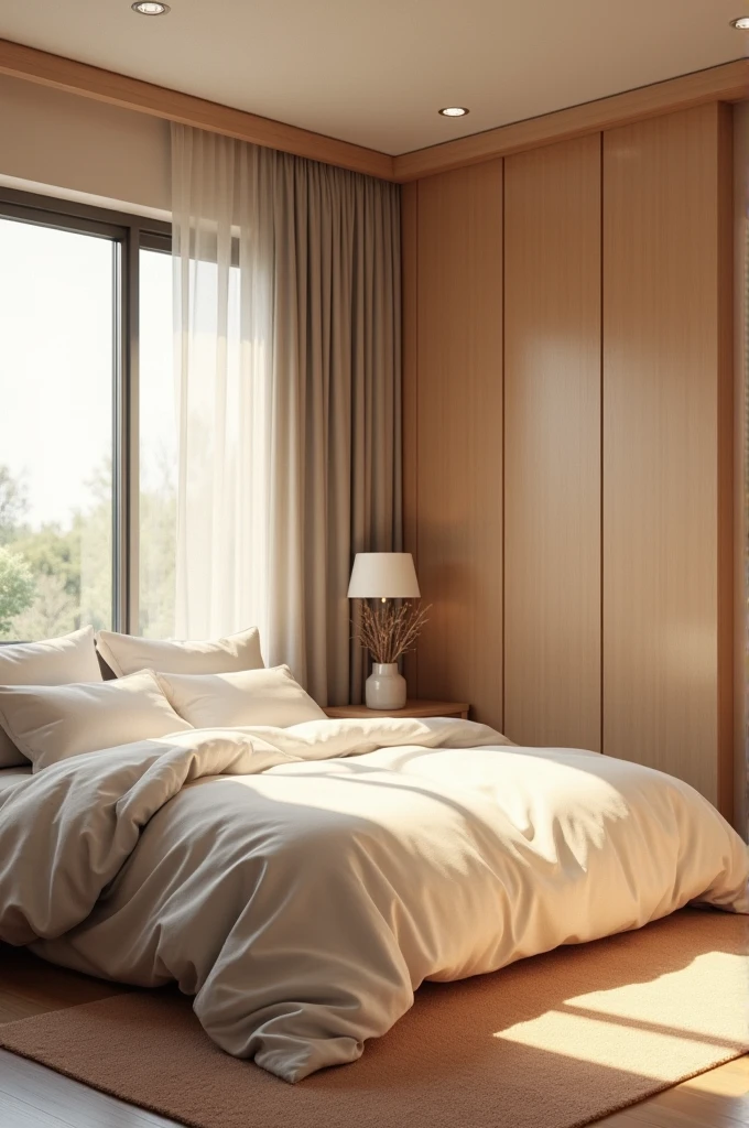 Create a room with 1 double bed and 1 built-in wardrobe on the right wall and a window on the left