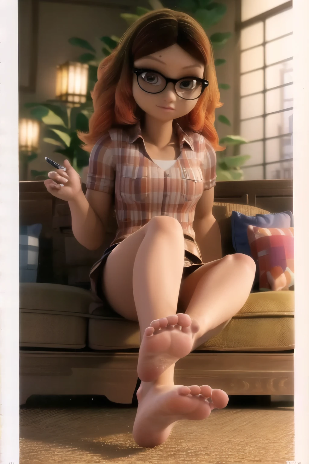 (8k, RAW photo, best quality, masterpiece:1.2), (intricate details), perfect eyes, perfect face, perfect lighting, beautiful, (masterpiece:1.2), (best quality:1.2), 1girl, solo, alya, glasses, brown eyes, beauty spot, feet, foot fetish, showing soles