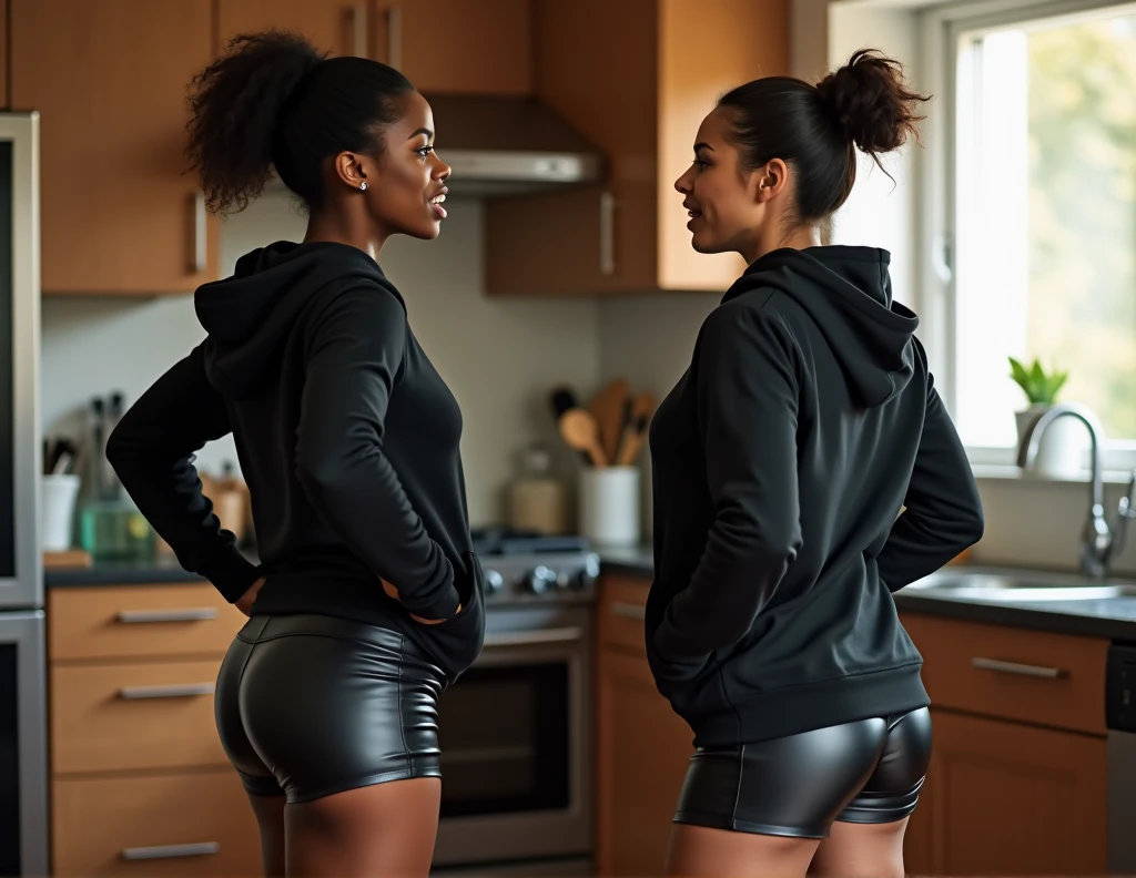 black woman hair in a bun black hoodie   black leather short shorts  being fucked in the ass by a grandma and yelling at each other in the kitchen
