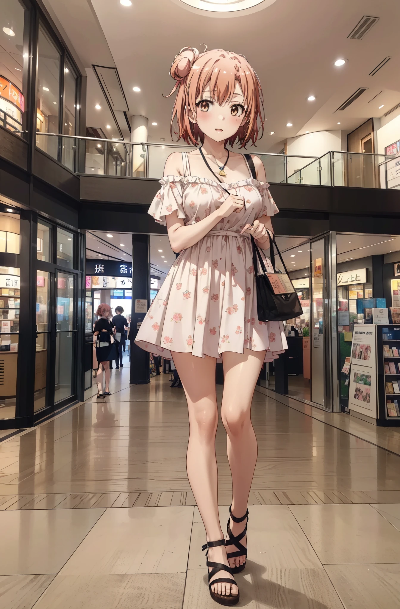 yuiyuigahama, yui yuigahama, short hair, (Brown eyes:1.5), (Pink Hair:1.2), Hair Bun, single Hair Bun,Big Breasts,smile,blush,Open your mouth,Off-the-shoulder dress,Exposing shoulders,bare clavicle,Bare neck,Rocket Pendant,mini skirt,Cute heeled sandals,Walking,whole bodyがイラストに入るように,
break indoors,Shopping mall,
break looking at viewer, whole body,
break (masterpiece:1.2), Highest quality, High resolution, unity 8k wallpaper, (shape:0.8), (Beautiful attention to detail:1.6), Highly detailed face, Perfect lighting, Extremely detailed CG, (Perfect hands, Perfect Anatomy),