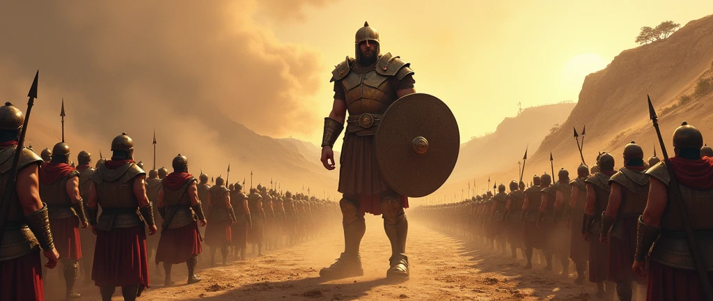 - Panel 2: Goliath challenges the Israelites to choose a champion for a single combat. - Goliath: "Choose a man to fight me! If I win, we will be your servants; If I win, you will be ours!" Create an illustration about it
