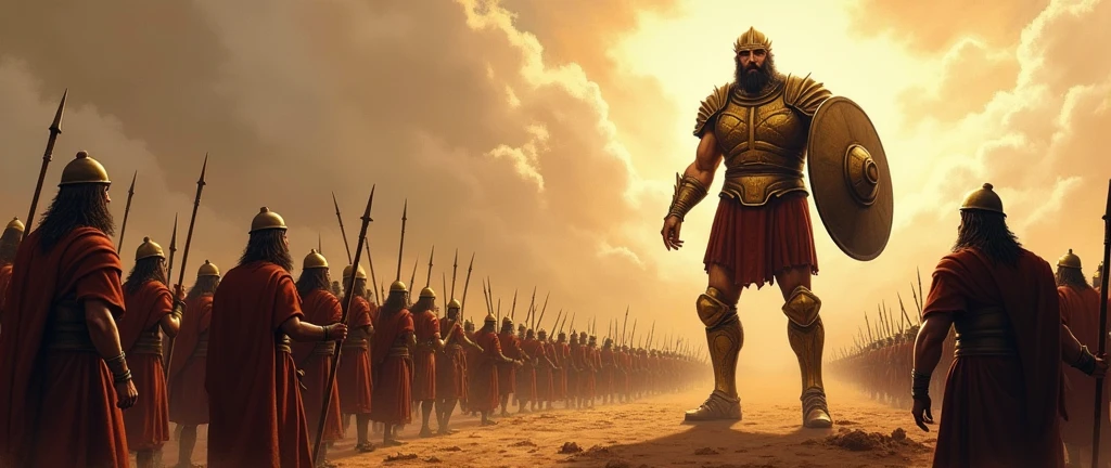 - Panel 2: Goliath challenges the Israelites to choose a champion for a single combat. - Goliath: "Choose a man to fight me! If I win, we will be your servants; If I win, you will be ours!" Create an illustration about it