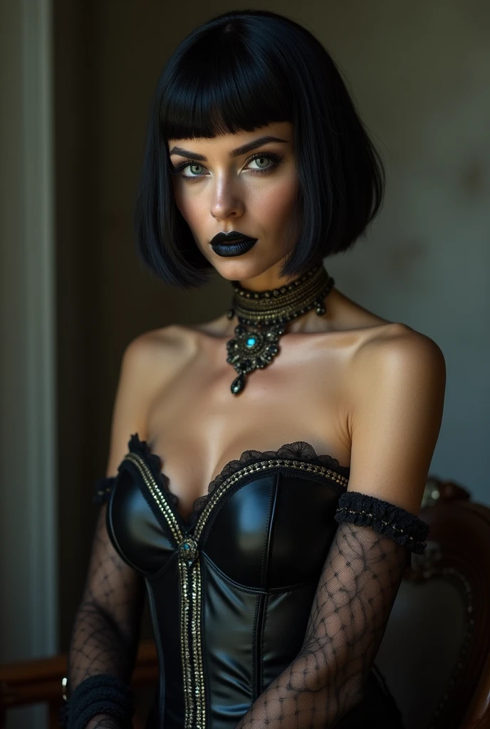 Create a character: a project that united the DNA of great celebrities OLIVIA WILDE and Natalie Portman. Creating the most beautiful woman in the world, her beauty resembles that of Cleopatra. She is 2, a gothic woman, Bblack hair, Short BOB haircut, wears gothic makeup, gorgeous blue eyes, full mouth, black lipstick, thick eyebrows. She has a beautiful body, body awarded for its beauty, perfect shaped breasts, perfect waist, perfect ass, Perfect hip, perfect leg, perfect arms and hands. She wears a black corset, black leather skirt, black fishnet stockings and black boots.um sexy, awarded photo, woman in a sexy dominant pose, breathtaking cinematic photo, photo of sexy movies, erotic, elegant seducing pose, very sexy pose, head in front of the camera, frontal image, Look to viewer, Attractive posing, bold poses, posing frontally, she is looking at the front of the camera, sensual woman. Image Settings -Resolution " 16K, ultra HD, high qualiy, realisitic, retina, artistic, precise, anatomically correcte, texturized skin, high détail, awardwinning, cinematic lighting, hdr smooth, sharp focus, Canon EOS R5, 35mm" -Composition "Close-Up " -Background "Indoor studio setting" -PhotographyStyle "lo fashion, editorial, magazine style" -ArtisticEffect "photorrealistic, Masterpiece artwork, high budget Hollywood movie feel, Cinemascope, epic, marvelous, film grain, plein-air, super realistico, super verbose" Other Settings -ModelPose "sitting down, looking directly at the viewer, "