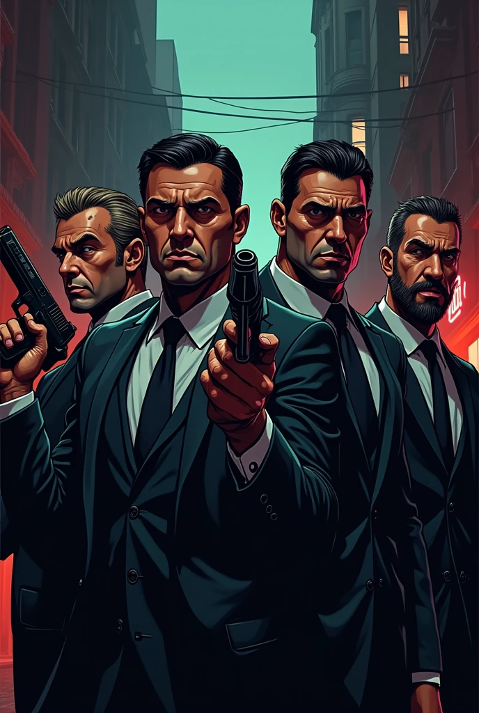 Logo of 4 gangster guys holding guns

