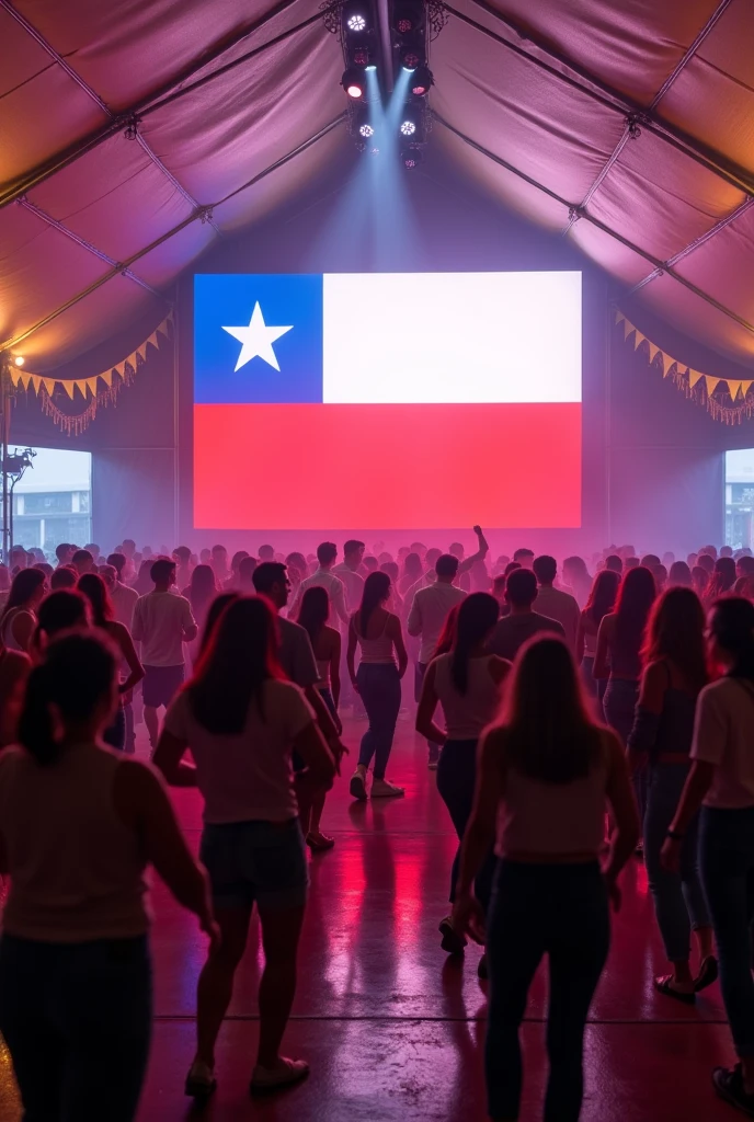 Flag of the country Chile in the background, People dancing in a large event tent , casual clothes 