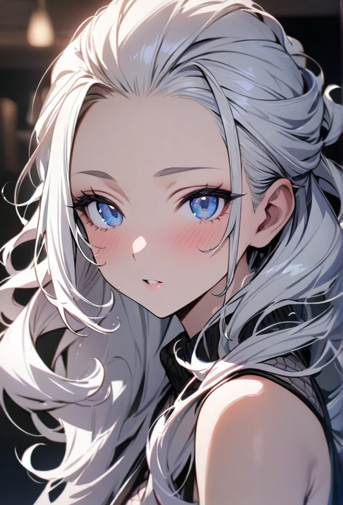 Solo, 1girl, white hair, blue eyes, (((high quality))), masterpiece, detailed face, ((Curly Hair)), long hair, hair pulled back, bangs pulled back