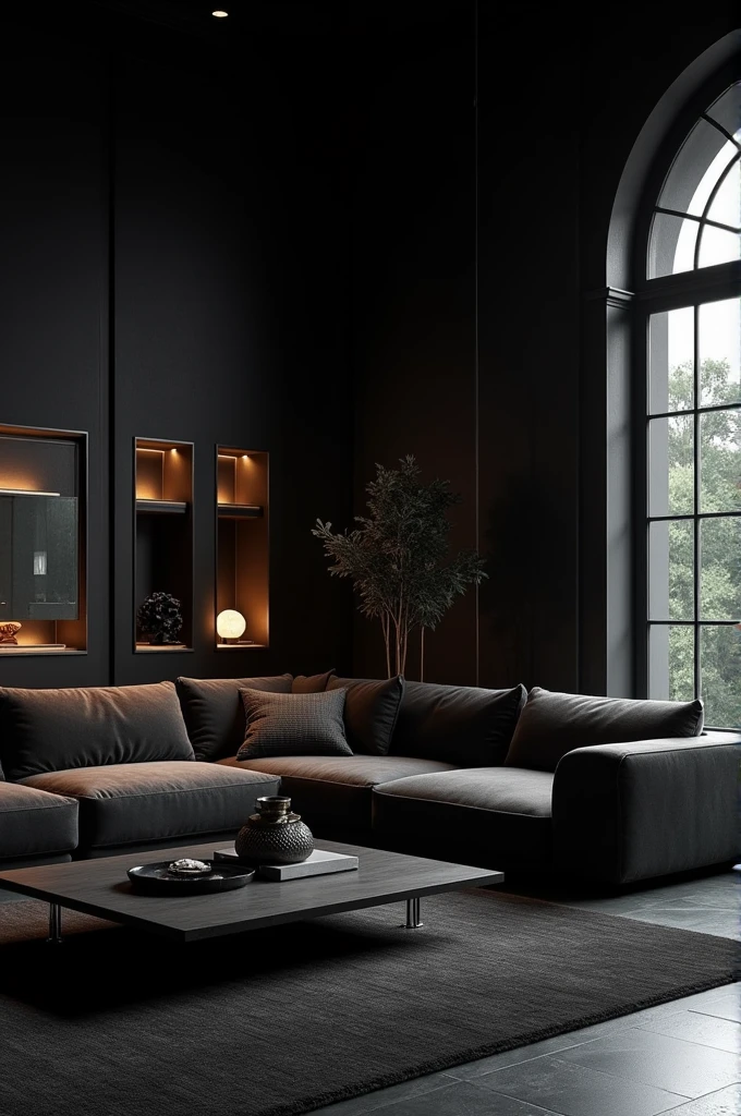 A living room with black colors 