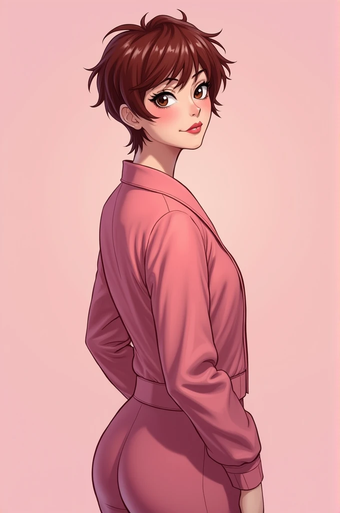 Senior witch of medium height, around 1.65 meters tall, with a fit and athletic build. In general, she wears pink classic style with a mix of practicality and eccentricity.

Her most distinctive feature is her hair, a complete dark brown red color. She has an oval-shaped face with well-defined features: a small, upturned nose, full lips, and large dark brown eyes. Her skin is very clear, without noticeable imperfections. Tonks usually keeps her short pixie haircut messy, reflecting her rebellious and carefree personality. In general, its appearance is senior, dynamic and constantly changing. Pink background, sweet atmosphere 