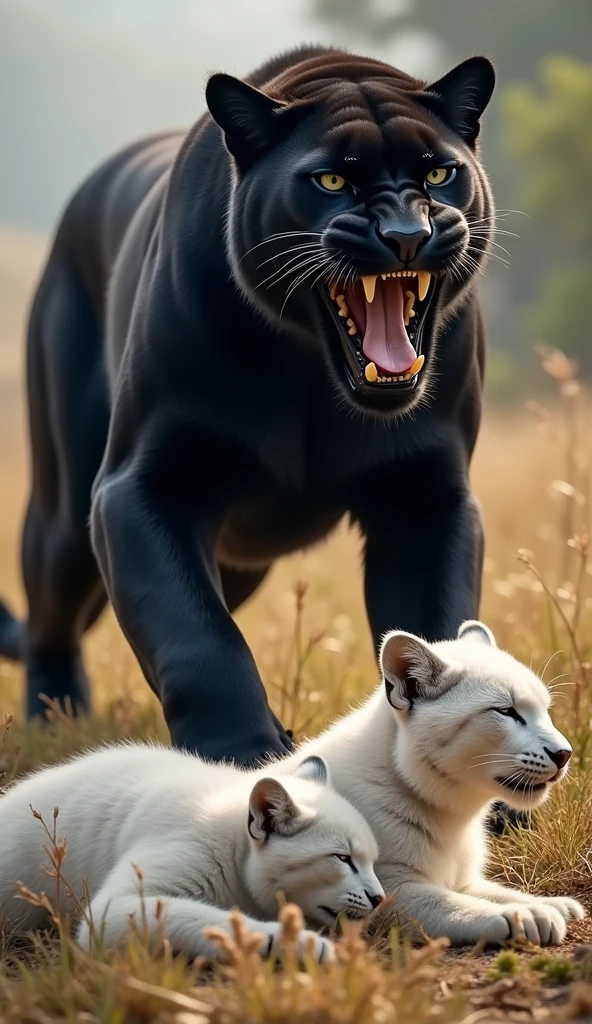 "A scene of two majestic big cats in the wild, featuring a black panther standing over a resting white Lynxes. The panther is standing triumphantly, mouth open as if growling or roaring, with its muscular body on full display. The Lynxes lies beneath, appearing relaxed with closed eyes. The setting is a natural landscape of dry grass and sparse greenery in the background."