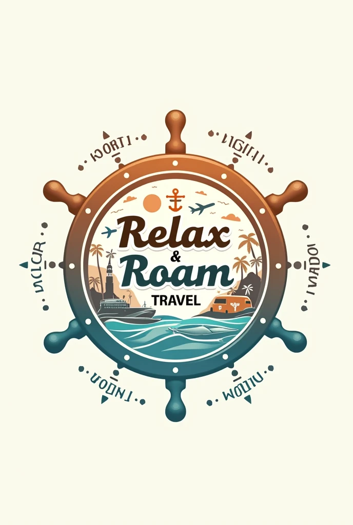 make me a witty, clean, elegant logo of RELAX & ROAM TRAVEL with a vibe of relaxing vacations, anchor, cruise ship, travelers, guests, tour guides, island, travel bags, airplane, bus, sea water and the name of the company which is RELAX & ROAM TRAVEL and it's slogan "explore more, worry less" inside of a one steering wheel, like LOGO, should be detailed and understandable, this all should be inside of steering wheel and there's a design outside of steering wheel 