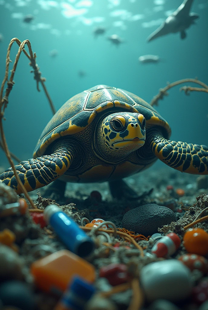 Turtle caught in marine debris in marine disaster
