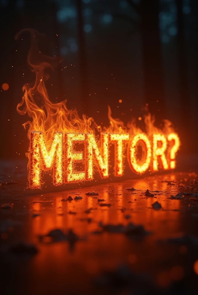 Create 4K animation with text "Who is the mentor?" Appears with realistic fire effect. The animation should be cinematic and professional.
