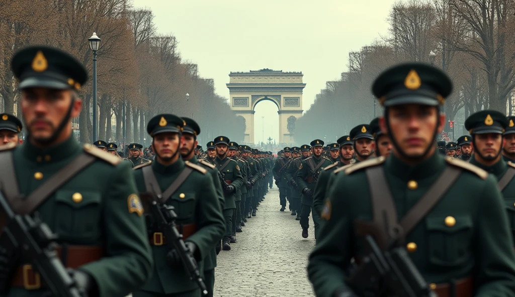 City of Paris in chaos ; soldiers marching on the Champs Élysées