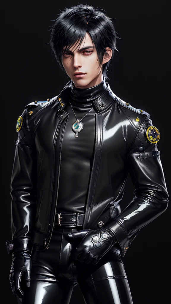 ((Final fantasy taste and reality graphics)), ((Japanese young cute and cool ikemen boy)), his age is early 20s, thin eyebrows and beady eyes, ((((he wearing black color and shining brightly enamel leather thick single-brest jacket)))), ((with epaulet)), ((enamel leather jacket close all zippers)),, ,(( jacket collar is high length stand-up collar with belts)), jacket is a little black line pattern,close the front of the jacket, (((also wearing black color turtleneck shining brightly enamel leather shirts))), (((tight black and shining brightly enamel leather pants))), ((((shining brightly black enamel leather tight and thin glove)))), ((black color and shining brightly leather knee-high raceup boots)),head-to-toe, whole body, boy looks like fashion model,Do not show skin from the neck down,(((all his clothes are shining)))