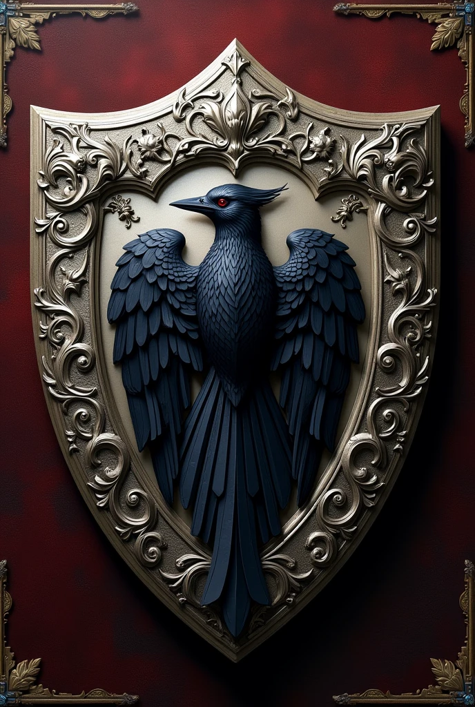 You can create a logo (shield) with a silver border, with a crow (in the center) , With outstanding embroidery with a ribbon with Renaissance letters At the top that say "Void Pioneers" in Renaissance style That the title is at the top of the shield
