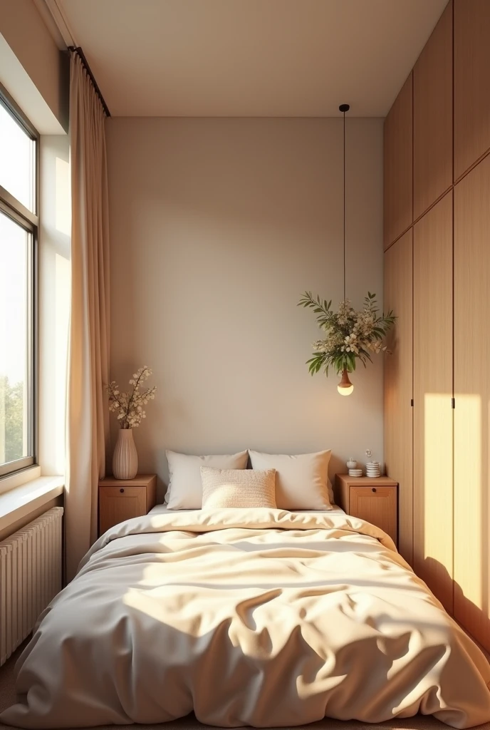 Create a room with 1 double bed and 1 built-in wardrobe on the right wall and a window on the left