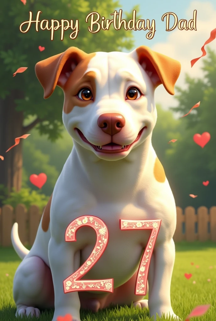 White pitbull bitch with brown spots named Gaia with a text saying Happy Birthday Dad with an animated number 27
