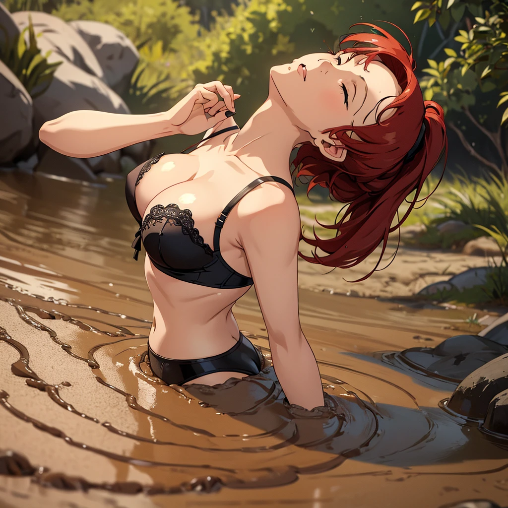 1girl, solo, masterpiece, best quality, high res, highly detailed, (illustration), yuigahama yui, red hair ponytail, glossy lips, light makeup, (orgasm face:1.5), intimate moment, black bra underwear, cleavage, (quicksand:1.4), (from side:1.5), bog, swamp, eyes closed,