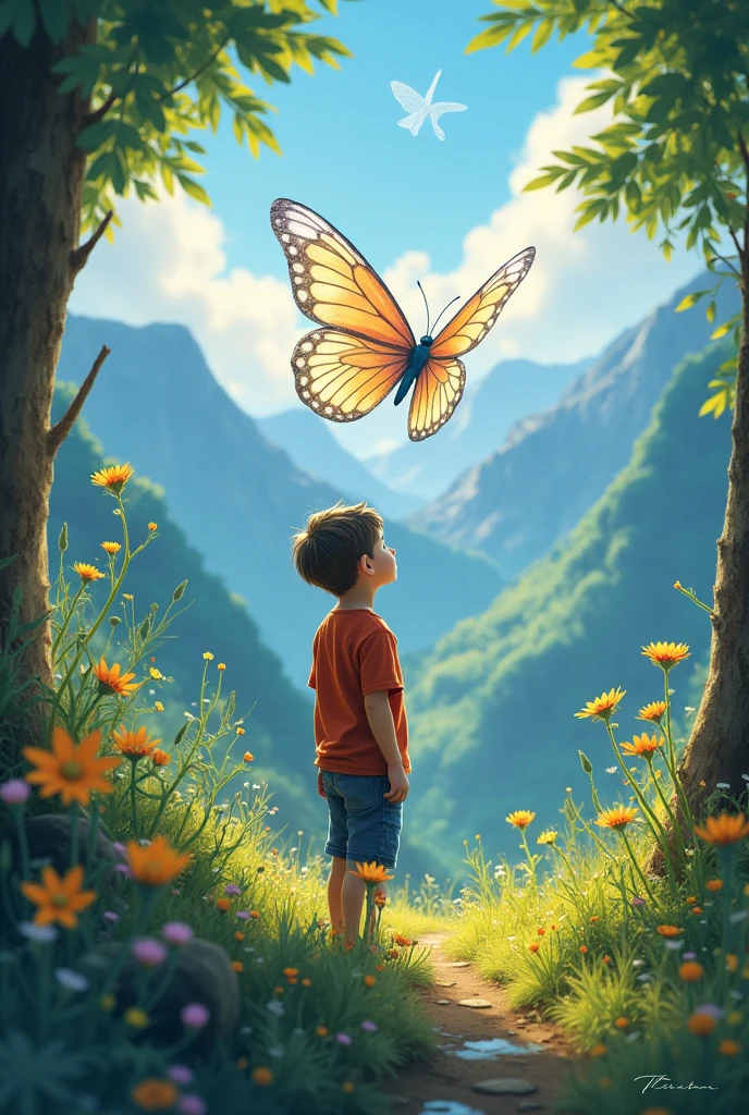 **Title: "The Crystal Butterfly"**
Once Upon a time, in a small town surrounded by mountains, un niño llamado Martin que adoraba la naturaleza. He spent his days exploring the woods and fields surrounding his home., Always looking for new adventures. Pero Martin tenía un gran deseo: I wanted to find something truly magical, something that no one else would have seen.
One day, while walking through a meadow full of flowers of all colors, Martin vio algo que brillaba bajo la luz del sol. As you approach, discovered a small butterfly made of glass. His wings reflected the sunlight, creating rainbows around you. Era la mariposa más hermosa que Martin había visto en su vida.
emotional, Martin decidió llevarse la mariposa a casa para cuidarla. But as soon as he took her in his hands, The butterfly began to speak.
—Hola, Martin —dijo con una voz suave—. I am the Crystal Butterfly, a magical being that takes care of nature. But if you take me away from my home, I will lose my shine and I will no longer be able to help the flowers and trees..
Martin, Although he wanted to keep the butterfly, He understood what she was saying to him. With a mixture of sadness and understanding, decided to return her to the meadow. Placing it back among the flowers, The butterfly smiled at him and, in appreciation, He offered her a special gift.
—For your kindness and generosity, I grant you a gift, Martin. Hereinafter, You will be able to understand the language of animals and plants. They will tell you their secrets and teach you what it really means to care for the world around you..
Martin, surprised and happy, He watched as the Crystal Butterfly rose into the sky and disappeared into the rays of the sun.. From that day on, Martin comenzó a escuchar las historias de los árboles, the songs of the birds and the whispers of the wind. He learned about the importance of respecting and protecting nature, and shared that knowledge with the other children of the village.
So, Martin descubrió que la verdadera magia no estaba en poseerla