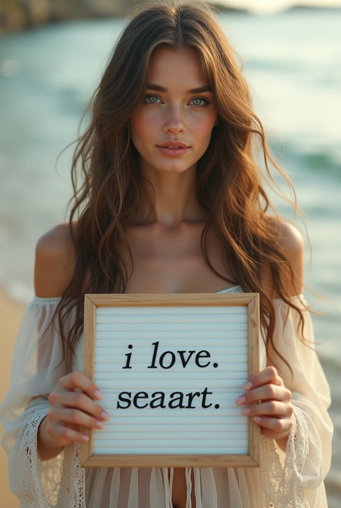 Beautiful girl with wavy long hair, bohemian dress, holding a white board with text "I Love Seaart Infinity" and showing it to the viewer