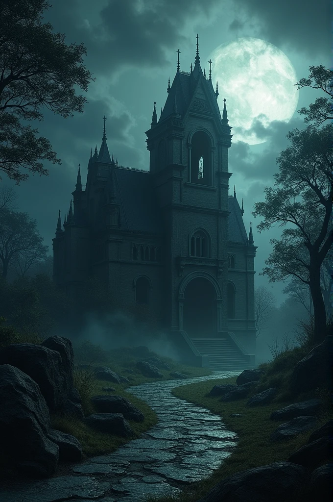 "A dark village night with storm clouds covering the sky. A faint moonlight illuminates an ancient, eerie temple surrounded by dense trees. The temple looks old, with weathered stones and vines creeping over it, casting long shadows. The atmosphere is filled with suspense and mystery."