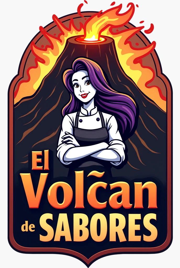Could you please create a logo for a fast food restaurant with homemade hamburgers with a white female chef with black hair and purple locks with a grill, a volcano and the name El Volcán de Sabores written on it?