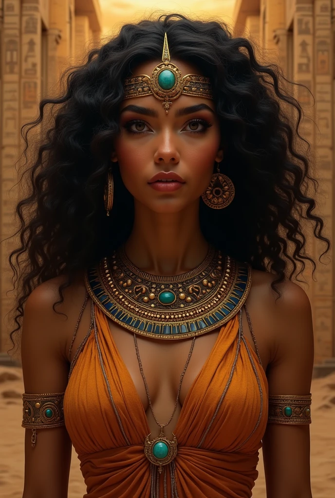 A goddess of Egypt, with defined black curly hair, and brown eyes, and striking ancient Egyptian makeup