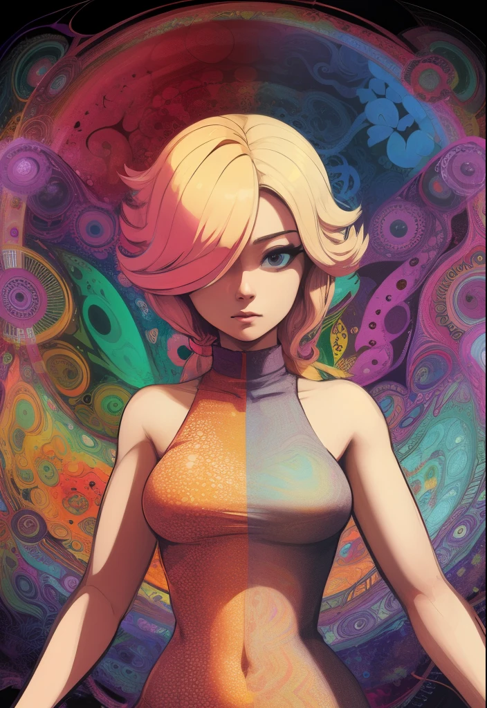 (psychedelic art:1.5), (from low:1.2), skimpy intricate dress, upperbody, eyes locked, beautiful blonde girl with pink hair tips
