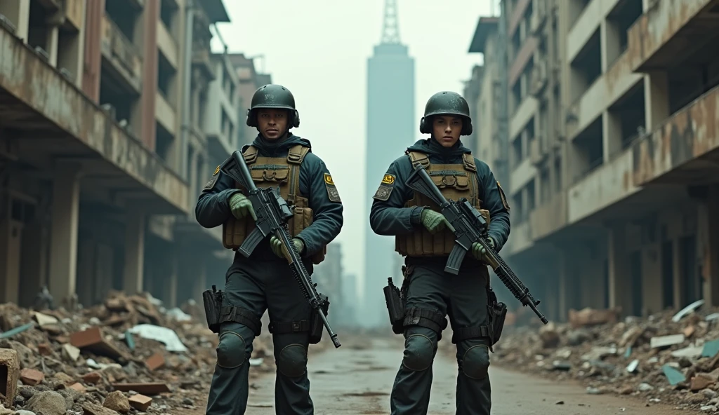 2 heavily armed navy soldiers on avenida paulista, ruins of abandoned buildings, cityscape of são paulo in chaos, post-apocalyptic urban environment, highly detailed, dramatic lighting, muted colors, cinematic, (best quality,4k,8k,highres,masterpiece:1.2),ultra-detailed,(realistic,photorealistic,photo-realistic:1.37)