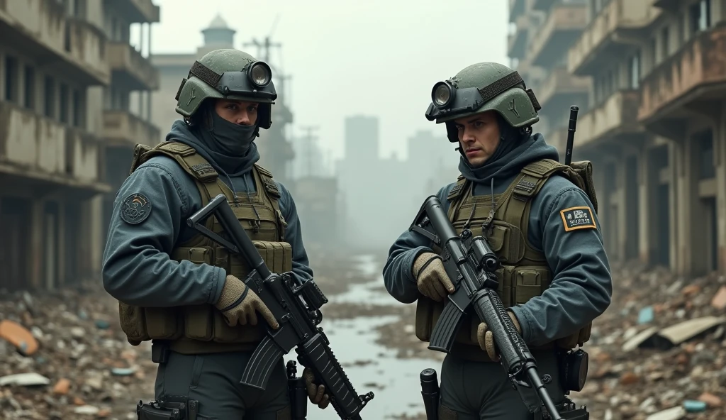 2 heavily armed navy soldiers on avenida paulista, ruins of abandoned buildings, cityscape of são paulo in chaos, post-apocalyptic urban environment, highly detailed, dramatic lighting, muted colors, cinematic, (best quality,4k,8k,highres,masterpiece:1.2),ultra-detailed,(realistic,photorealistic,photo-realistic:1.37)