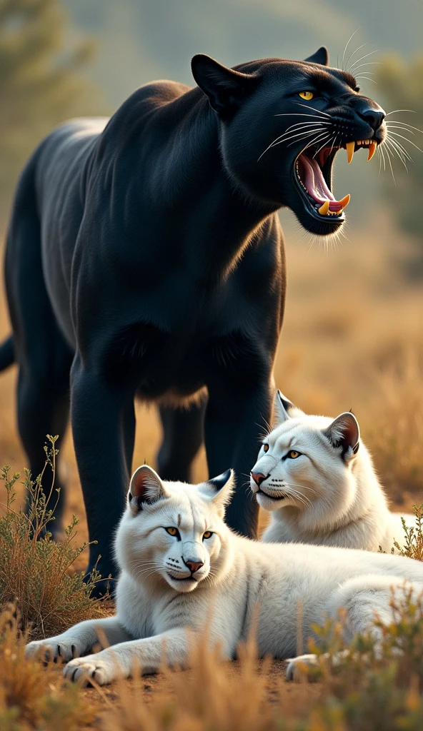 "A scene of two majestic big cats in the wild, featuring a black panther standing over a resting white Lynxes. The panther is standing triumphantly, mouth open as if growling or roaring, with its muscular body on full display. The Lynxes lies beneath, appearing relaxed with closed eyes. The setting is a natural landscape of dry grass and sparse greenery in the background."