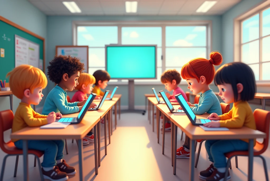 I need drawings of children using technology as a learning method, where the typical elements of technology such as tablets are reflected, telephone, computers, smart displays... in the classroom.
Please make the drawings in 3D. I need all the images to have harmony in terms of creation., that they are all of the same style