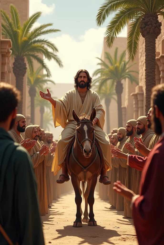 Jesus riding on a donkey and the crowd worshiped him and let him pass