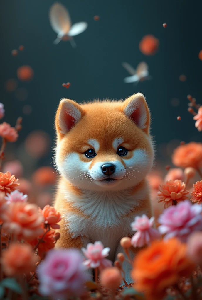A captivating and surreal photographgraph of a cute extra fluffy 柴犬 rendering of a colorful カスミソウ, Against an ominous background, Dark Background. feather, Bright colors, Highlighting rich cultural elements. The background provides sharp contrast、Engage your audience'Note., photograph, 3D Rendering, Conceptual Art
