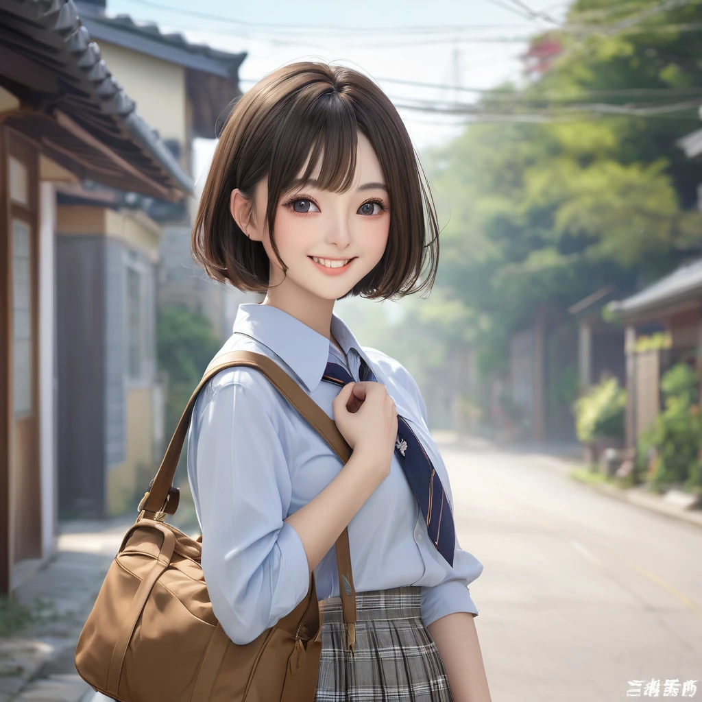 masterpiece:1.3), (8k, Realistic, RAW Photos: 1.4), Japanese, (1 female), 、Beautiful Face, Round face,A little small chin (Lively Faces), (Short Bob。Side pop-up:1.3)、Realistic eyes, Beautiful Eyes、Thin eyebrows、Open your mouth slightly、Cute smile、(Realistic Skin), Beautiful Skin, charm, Ultra-high resolution, Surreal、Summer clothes、school uniform、Checked chool bag、Going home、A strong wind is blowing、whole body、