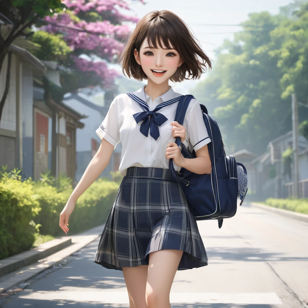 masterpiece:1.3), (8k, Realistic, RAW Photos: 1.4), Japanese, (1 female), 、Beautiful Face, Round face,A little small chin (Lively Faces), (Short Bob。Side pop-up:1.3)、Realistic eyes, Beautiful Eyes、Thin eyebrows、Open your mouth slightly、Cute smile、(Realistic Skin), Beautiful Skin, charm, Ultra-high resolution, Surreal、Summer clothes、school uniform、Checked chool bag、Going home、A strong wind is blowing、whole body、